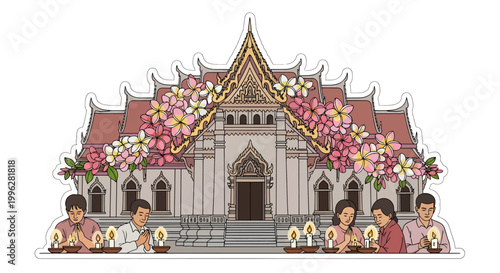 Buddhist temple with people praying outside, Thai architecture and culture