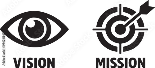 Vision and mission icon with eye and target, bold minimal silhouette vector for business concept.
