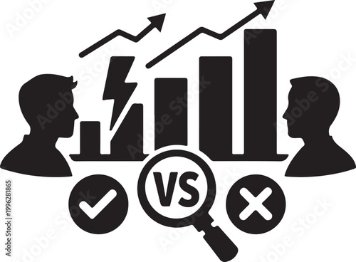 Competitive analysis icon with chart comparison, bold solid silhouette vector for business use.