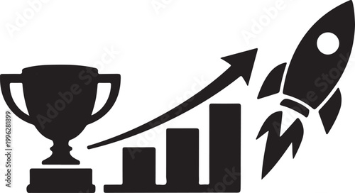 Startup success icon with trophy and graph, minimal silhouette vector on isolated background.