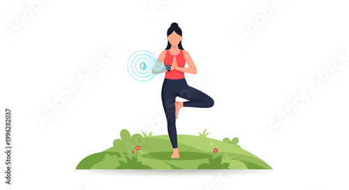 woman in yoga pose on green hill with blue spiral
