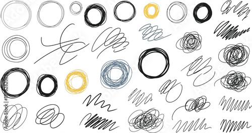 Collection of hand drawn scribble circles and lines on white background