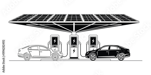 Solar panel carport with electric vehicle charging stations silhouette illustration