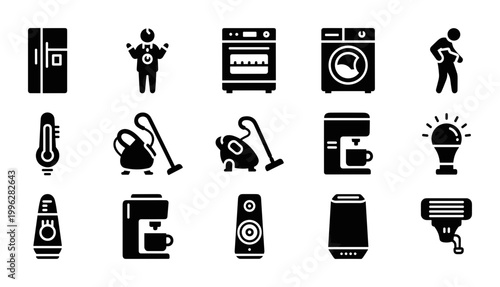 15 Home Appliances icons refrigerator washing machine oven vacuum, outline solid styles, UI and web interface design