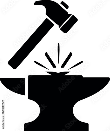 Blacksmithing icon with hammer hitting sparking metal on anvil, industrial forge symbol