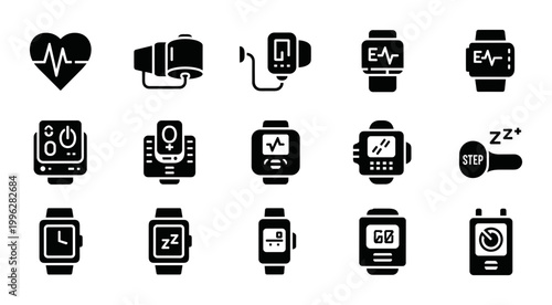 15 Smartwatch Health icons including heart rate, blood pressure, sleep tracker, outline solid styles, UI and web interface design