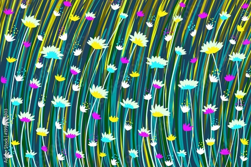 Flower field hand drawn color illustration