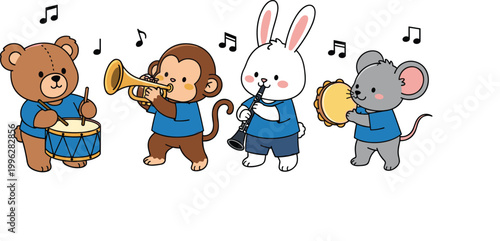 Cute animal band with a bear, monkey, rabbit, and mouse playing musical instruments, vector illustration