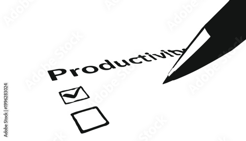 Pen marks a checkbox next to the word productivity on a document to indicate a completed task list.