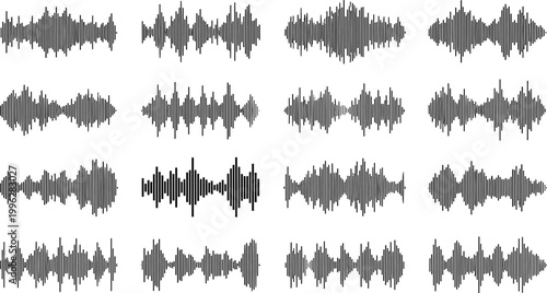 Black Sound Wave Audio Waveform Collection Vector Set Illustration with Various Equalizer Music Frequency Patterns on White Background in Flat Style