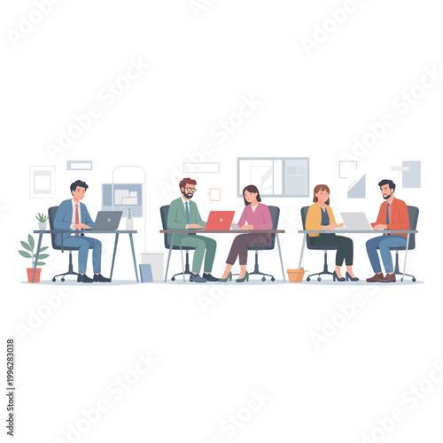 Office workers sitting at desks with laptops in a modern workspace