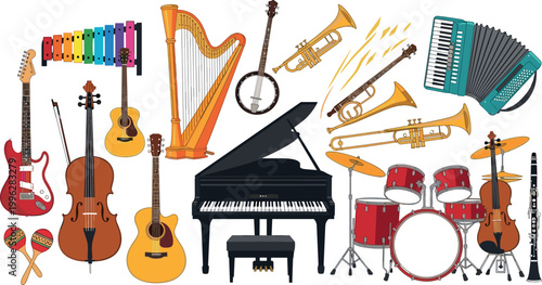 Collection of Musical Instruments Including Guitar, Piano, Violin, Trumpets, Drums, Harp, Xylophone, and Accordion for Music Lovers