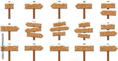 Wooden signposts with snow, in various angles and directions, vector illustration