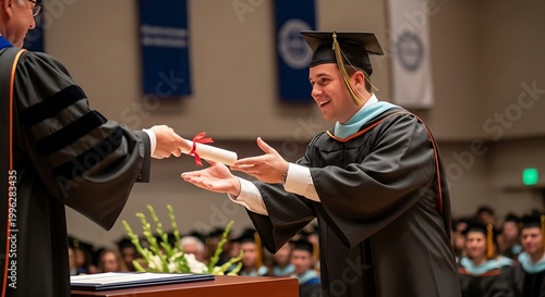 A young man in a graduation gown and cap receiving his diploma from a professor at a commencement ceremony