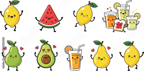 Cute fruit characters including lemons, watermelons, pears, and avocados with drinks, vector illustration