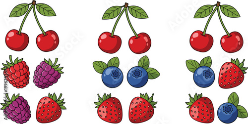 Illustrations of cherries, raspberries, strawberries, and blueberries with green leaves, vector design