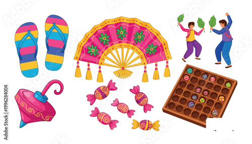 Colorful summer items including sandals, fan, candy, spinning top, and dancing people, vector illustration