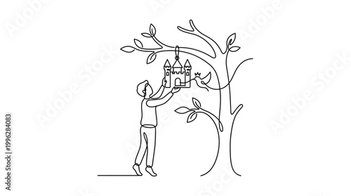 Continuous Line Drawing of Person Hanging Castle Birdhouse Minimalist Vector