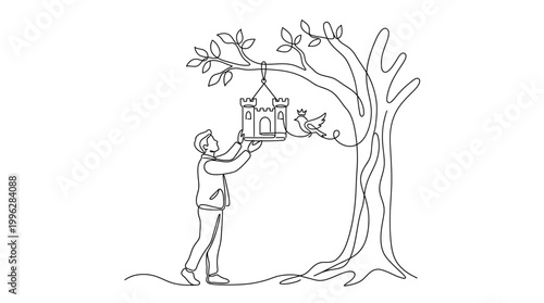Continuous Line Drawing of Person Hanging Castle Birdhouse Minimalist Vector