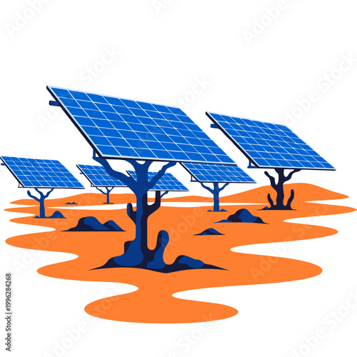Flat vector solar panels on tree-like structures in desert landscape  