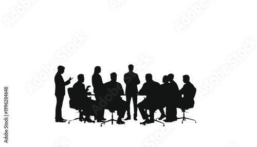 Team members gather around a conference table to conduct a collaborative corporate strategy meeting session.