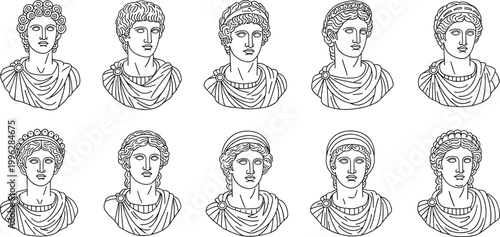 Roman emperor and statue head illustrations in various hairstyles, vector design