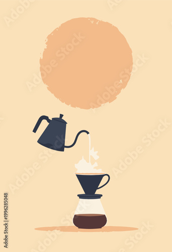 minimalist flat sleek matteblack gooseneck kettle pouring perfectly smooth, straight geometric stream water into V60 coffee dripper PourOver Coffee Ritual concept Warm beige background No text