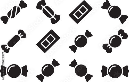 A collection of black and white icons of various candies on a plain background