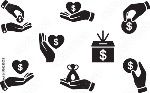A collection of black and white icons representing charitable giving and financial support