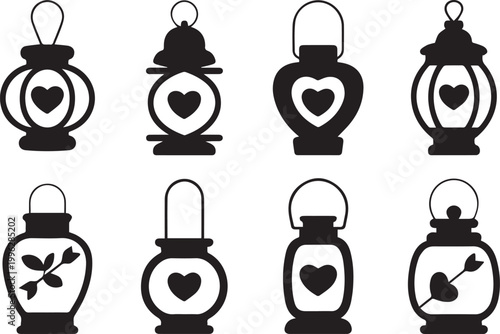 A collection of black lantern silhouettes with heart and leaf designs on a white background