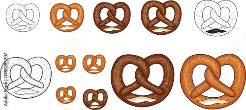 Different variations of pretzels in various styles and textures, vector illustration