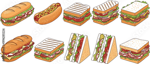 Variety of sandwiches, hot dogs, and grilled subs with fresh ingredients, vector illustration
