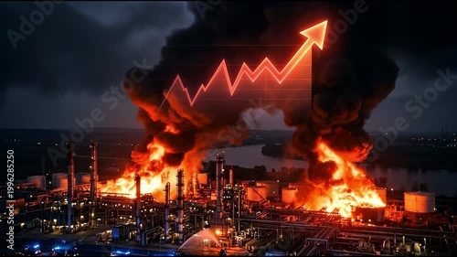 Ascending graph symbolizing rising oil and gas prices overlays an aerial view of a refinery on fire at night. Representing the global energy crisis. Market volatility. And supply chain disruption