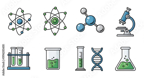 Science Icons Representing Chemistry Biology Physics and Research.
