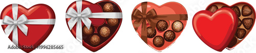 Heart-shaped chocolate gift boxes with ribbons and chocolates, perfect for Valentine's Day, vector illustration