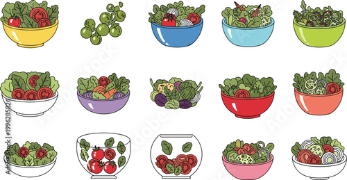 Various colorful salad bowls with fresh vegetables and tomatoes, vector illustration