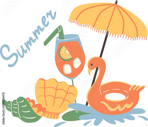 Summer vacation illustration with cocktail, flamingo pool float and beach umbrella