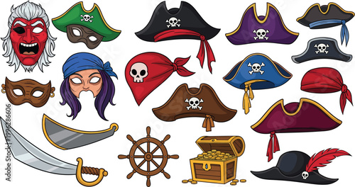 Pirate accessories including hats, swords, masks, treasure chest, and ship's wheel, vector illustration