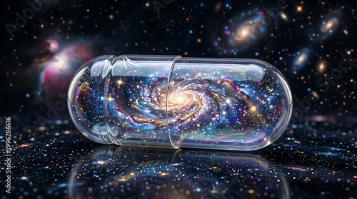 A pharmaceutical capsule containing a swirling galaxy, symbolizing the vastness of the universe or infinite possibilities within a small container