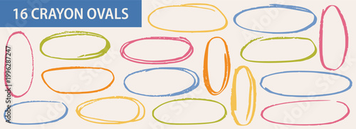 Hand-drawn crayon circles and ovals with colorful highlights, perfect for creative designs, scribbles, and playful handwritten text frames with rough texture elements