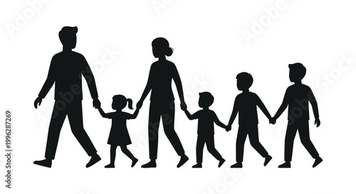 family silhouette holding hands on white background