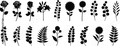 A collection of various black flower silhouettes on a white background
