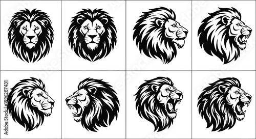 A collection of lion head illustrations in various expressions and poses