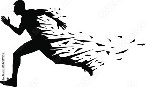 A silhouette of a man running with his body disintegrating into pieces