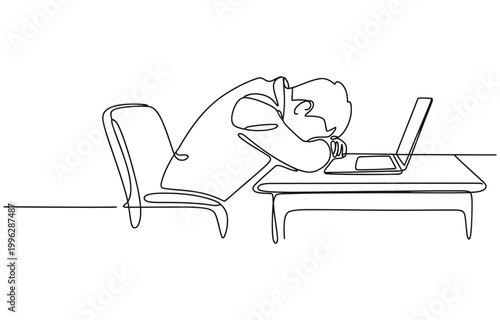Single one line drawing exhausted sick tired Arabian male manager in office sad boring sitting with head down on laptop.