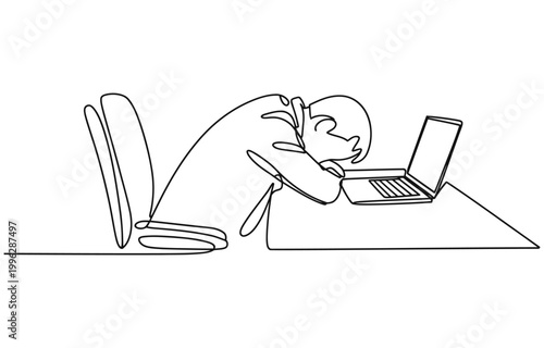 Single one line drawing exhausted sick tired Arabian male manager in office sad boring sitting with head down on laptop.