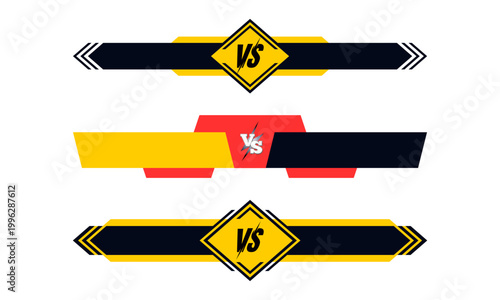 Versus screen battle banners set, competitive gaming VS lower third headers, esports match confrontation graphics in yellow and black vector