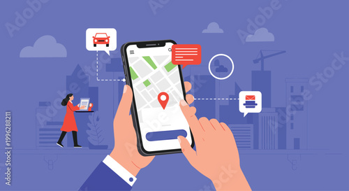 Close up of a person using a navigation and ride sharing app on their smartphone with a blue city skyline in the background.