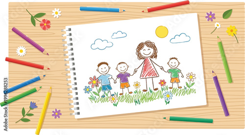 family drawing on wooden desk with colorful pencils