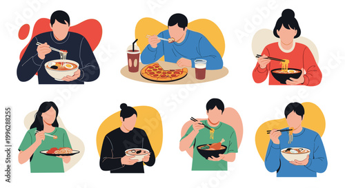 Diverse group of people enjoying various meals such as ramen, pizza, and stir-fry in a social dining environment.